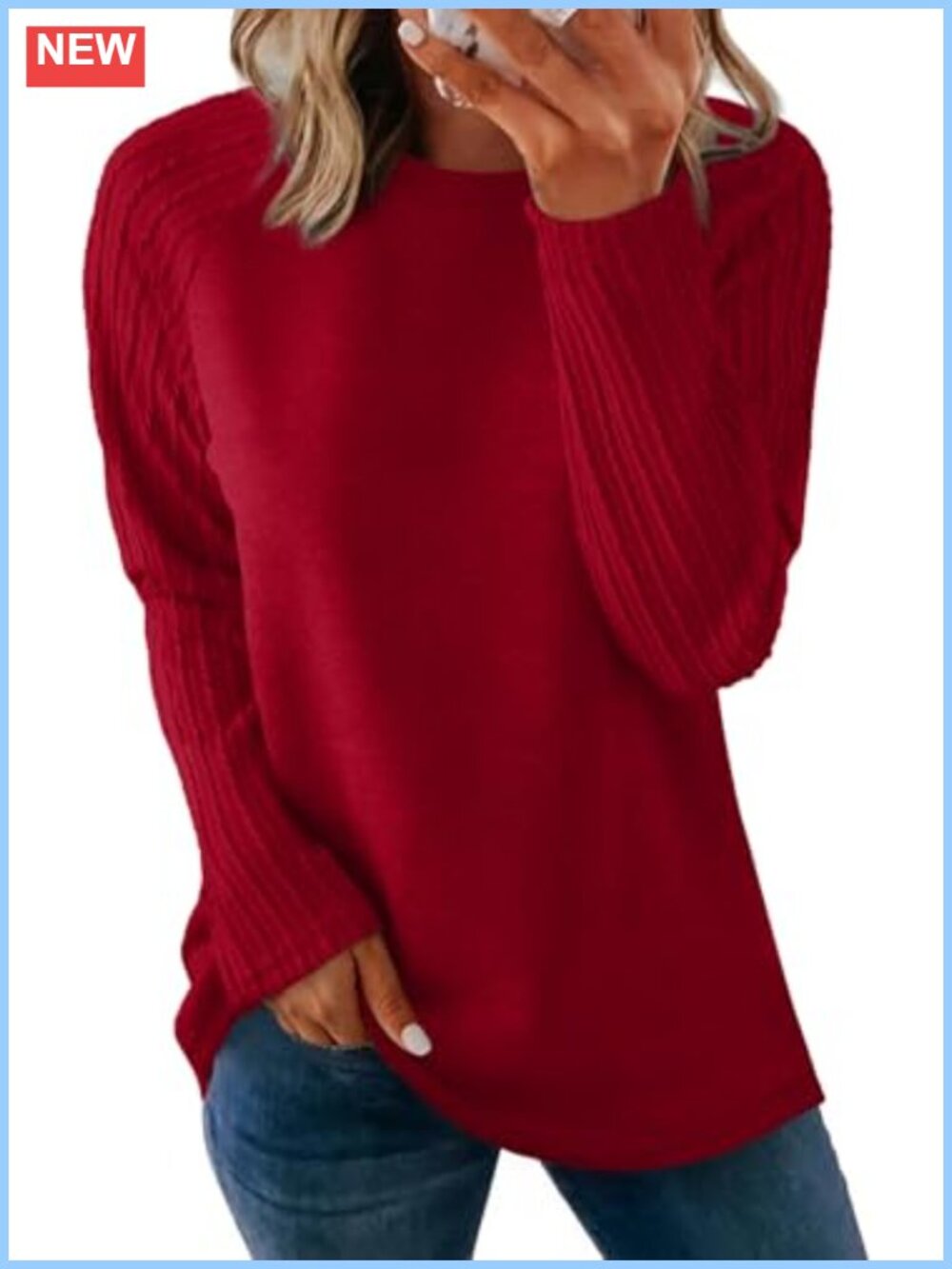 Women's Oversized Long Sleeve Crewneck Tunic Sweatshirt Cable Knit Sleeve